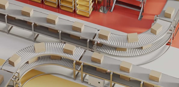 Animation showing boxes on conveyors in a warehouse