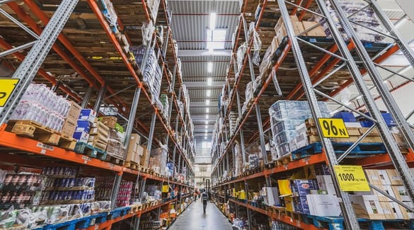 Shelving aisle in Knuspr warehouse
