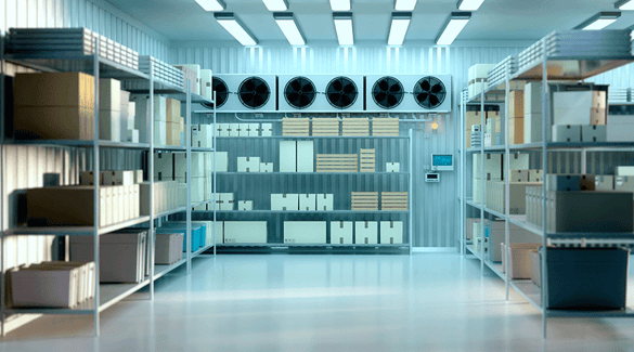 Shelves with items in cold storage warehouse