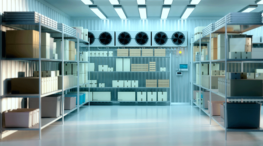 Shelves with items in cold storage warehouse