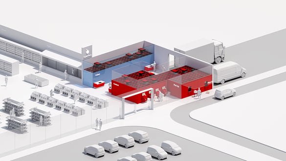 A rendering of a dark store with installed AutoStore