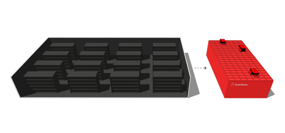 An illustration of how a traditional warehouse (in black) can fit into a much smaller space with the cube storage system (in red)