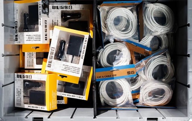 Looking into an AutoStore bin with consumer electronics