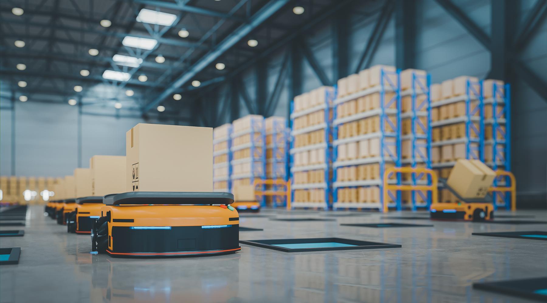 An illustration of an AutoStore cube storage system, showcasing the highly efficient and compact grid layout with robotic units operating on top.