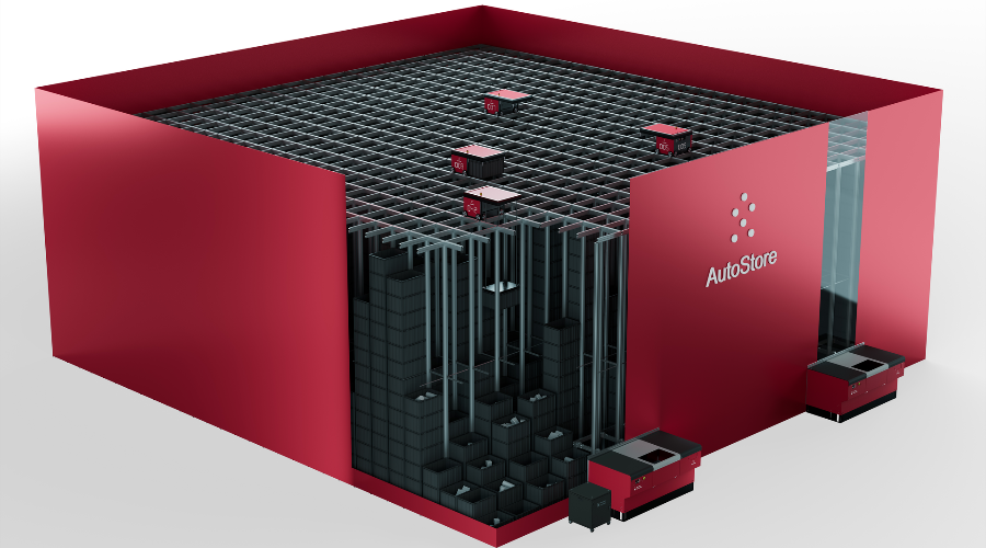 An illustation of an AutoStore warehouse automation system with a Grid, inventory Bins and workstations