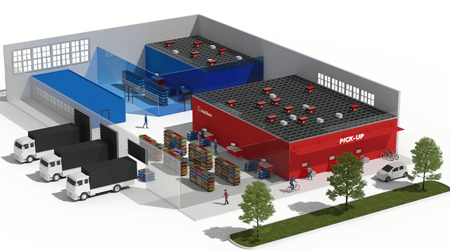 An AutoStore distribution center 3-D rendering