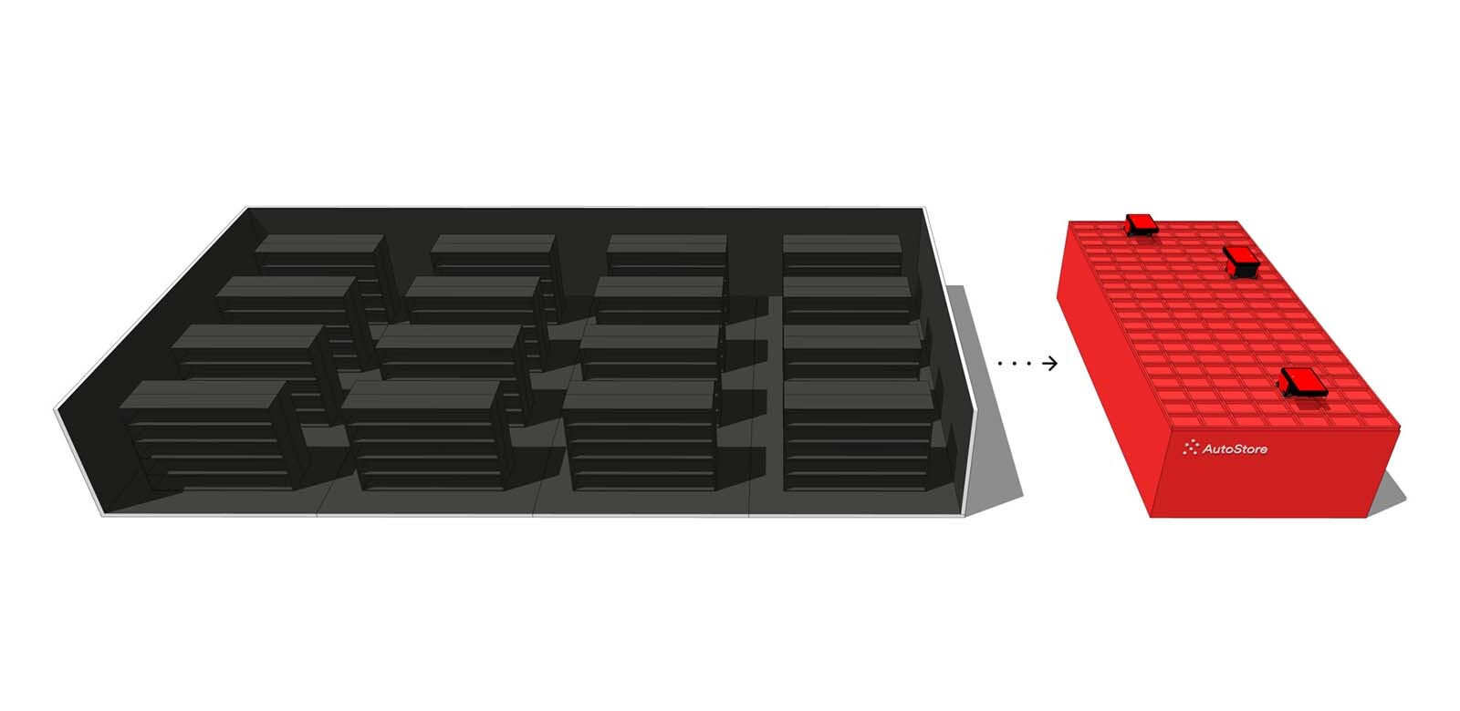 An illustration of how cube storage optimizes space by removing space between traditional shelving